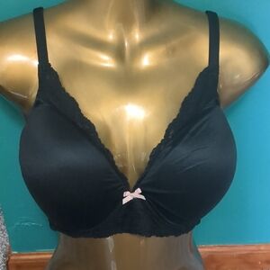 Body By Victoria Lined No Wire 42C Black Bra Lace Trim Pink Bow